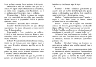 levar ao forno com sal fino e nozinhas de Vaqueiro.      brando com 1 colher de sopa de água.
    Demolhar - Cobrir um alimento com água fria e        136
deixar por algum tempo. Demolham-se: o bacalhau,             Gratinar - Cobrir alimentos geralmente já
as carnes secas e salgadas, para Ihes retirar o sal e    cozidos com um molho. Espalhar por cima queijo
os reidratar; e os frutos secos para os reidratar.       ralado ou pão ralado e levar a forno forte (prateleira
    Desengordurar - Retirar o excesso de gordura         superior do forno) e deixar ganhar crosta.
que vem à superfície de um caldo, suco ou molho.             Grelhar - Pincelar um alimento com Vaqueiro e
Deixar arrefecer o preparado e retirar a gordura         expor a calor forte (lume de brasas, chapa
com uma colher.                                          incandescente ou infravermelhos).
    Entremeado - Toucinho fresco com febra.                  Guisar - Saltear em Vaqueiro um alimento
    Escalfar - Introduzir alimentos em água a ferver     cortado em bocados, juntar legumes e um líquido
suavemente. Os frutos introduzem-se num xarope           (água, caldo ou vinho) e deixar cozer suavemente.
fraco de água e açúcar.                                  Infusão Escaldar um alimento ou substancia vegetal
    Esparregado - Cozer espinafres ou nabiças.           com água a ferver (chá, café, casca de limão, etc.)
Reduzir a puré ou cortar finamente. Levar a lume             Juliana - Cortar os alimentos em tirinhas. Pode
com alho, azeite e um pouco de farinha ou juntar a       fazer-se com uma faca bem afiada ou com a ajuda
molho béchamel.                                          de utensílios, manuais ou eléctricos, concebidos
    Estufar - Cozer um alimento muito suavemente,        para esse fim.
inteiro ou em bocados, nos seus próprios sucos e             Lardear - Introduzir tirinhas de toucinho na
nos sucos de outros alimentos que Ihe servem de          carne com a ajuda de uma agulha especial, para a
tempero.                                                 tornar menos seca.
    Flan - Misturar leite ou natas com ovos (1 ovo           Levedar - Fazer crescer uma massa com a ajuda
para 1 dl), juntar, ou não, a outros alimentos e levar   de fermento de padeiro. Dissolver o fermento num
a cozer no forno ou em banho-maria.                      líquido (água ou leite) ligeiramente aquecido e
    Gelatina - Pôr de molho em água fria, escorrer e     juntar uma parte da farinha da receita. Deixar
juntar a um preparado quente ou derreter em lume         actuar até a massa ficar porosa. As massas levedam
 