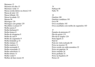 Maionese 12
Maionese de alho 13                  N
Maionese verde 13                    Nabiças 68
Massa cozida (fartos ou choux) 118   Nabo 70
Massa de tarte 122
Massa folhada 126                    O
Massa levedada 132                   Omeleta 100
Massas 94                            Omeleta à andaluza 101
Merengue 128                         Ovos 98
Merengue com gelado 129              Ovos escalfados 102
Mexilhões à caracol 37               Ovos escalfados com molho de cogumelos 103
Molho aurora 9
Molho béchamel 8                     P
Molho branco 8                       Panados do piemonte 47
Molho de alcaparras 9                Pão-de-açúcar 133
Molho de caril 9                     Pão-de-ló simples 124
Molho de cogumelos 9                 Pasta fagioli 21
Molho holandês g 14                  Paté 62
Molho italiano 11                    Peito de vitela recheado 40
Molho madeira 11                     Peixe au meunier 28
Molho normando 9                     Peixe cozido em caldo aromático 22
Molho remoulade 13                   Peixe em papelote 34
Molho salsicheiro 11                 Peixe estufado 26
Molho tártaro 11                     Peixe grelhado 32
Molho verde 9                        Peixe na frigideira 24
Molhos de base escura 10             Peixes 22
 