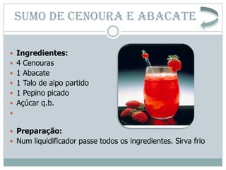 SUMO DE CENOURA E ABACATE

 Ingredientes:
 4 Cenouras
 1 Abacate
 1 Talo de aipo partido
 1 Pepino picado
 Açúcar q....