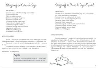 MODO DE PREPARO
Hidrate a proteína de soja conforme indicado na embalagem. Esquente
a margarina e refogue a cebola, depois junte os temperos e a proteína de soja.
Acrescente o molho de tomate e água aos poucos, até cobrir a proteína
de soja.
Cozinhe até a proteína de soja ficarcom uma textura de carne macia e,
por último, junte o creme-de-leite e desligue o fogo. Sirva quente.
Rendimento: serve 8 pessoas
INGREDIENTES
2 xícaras de chá de Proteína de Soja Grossa VITAO
1 cebola bem picada
1 lata de molho de tomate
2 colheres de sopa de margarina
4 colheres de sopa de óleo
1 colher de sopa de molho inglês
1 colher de café de pasta de alho
3 colheres de sopa de ketchup
1 colher de sopa de mostarda cremosa
água quente, o suficiente
Sal Marinho VITAO a gosto
1 caixinha de creme-de-leite
Se preferir, acrescente palmito picado ou 1 lata de milho
verde momentos antes de acrescentar o creme de leite.
Sugestão
39
3 xícaras de chá de Proteína Texturizada de Soja (PTS) Grossa VITAO
(ver modo de preparo na embalagem)
4 xícaras de chá de molho pronto de tomate
2 xícaras de chá de cenoura picada em cubos
1 xícara de chá de creme de tofu
1 xícara de chá de cogumelos
1 colher de sopa de amido de milho não muito cheia
1 colher de sopa de cebolinha picada
1 colher de sopa de salsinha picada
Sal Marinho VITAO a gosto
INGREDIENTES
MODO DE PREPARO
Cozinhe rapidamente a cenoura para que ela não perca a crocância. Em
seguida, em uma panela grande, coloque o molho de tomate, a carne de soja
preparada, os cogumelos e a cenoura cozida, deixando ferver por 10 minutos.
Adicione o amido de milho misturado em um copo (250 ml) de água fria. Mexa
o molho durante 5 minutos, adicione o creme de tofu, a cebolinha e a salsinha,
espere cozinhar por mais 2 minutos. Acrescente o sal. Caso seja necessário,
corrija a acidez do molho com uma colherinha de açúcar. Sirva com batatas
fritas e arroz.
 