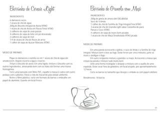 MODO DE PREPARO
Pique os damascos e cozinhe-os em 1 xícara de chá de água até
amolecerem. Depois escorra a água e reserve.
Triture o biscoito de aveia. Em uma tigela, misture o biscoito com os
outros ingredientes, amassando bem com as mãos até formar uma massa
homogênea.
Forre uma bancada com filme PVC, espalhe a massa e cubra com outro
pedaço com o plástico. Passe o rolo de macarrão para deixar uniforme.
Retire o filme plástico, corte em formato de barras e embrulhe em
papel de alumínio. Guarde em local fresco.
INGREDIENTES
6 damascos secos
1 xícara de chá de água
200g de Biscoito Integral de Aveia VITAO
1 xícara de chá de Aveia em Flocos Finos VITAO
2 colheres de sopa de uvas-passas
4 colheres de sopa de leite em pó desnatado
2 colheres de sopa de mel
1/4 de xícara de chá de flocos de arroz
1 colher de sopa de Açúcar Mascavo VITAO
49
INGREDIENTES
200g de geleia de amora diet DELAKASA
Suco de ½ limão
1 colher de chá de Farinha de Trigo Integral Fina VITAO
3 xícaras de chá de Granola Light sabor Castanha-do-pará,
4 colheres de sopa de nozes bem picadas
1 xícara de chá de Maçã Desidratada VITAO picada
MODO DE PREPARO
Em uma panela acrescente a geleia, o suco de limão e a farinha de trigo
integral. Misture bem e leve ao fogo. Deixe ferver por cinco minutos, junte as
nozes e desligue o fogo.
Em outro recipiente misture a granola e a maçã. Acrescente a massa que
estava na panela e misture tudo muito bem.
Unte uma forma retangular e despeje a mistura com o auxílio de uma
espátula. Deixe secar fora da geladeira, em local arejado, por aproximadamente
12 horas.
Corte as barras no tamanho que desejar e embale-as com papel celofane.
Rendimento: 10 barras
Passas e Coco VITAO
 