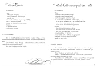 70
INGREDIENTES
MODO DE PREPARO
Misture todos os ingredientes secos da massa e adicione a margarina
até formar uma farofa úmida. Se necessário, adicione 2 a 3 colheres de água
gelada. Reserve.
Misture todos os ingredientes do recheio.
Coloque a metade da massa em uma forma untada e enfarinhada,
recheie e coloque o restante da massa.
Pincele dois ovos batidos sobre a massa e asse em forno pré-aquecido
por aproximadamente 30 minutos. Depois de assado, polvilhe a canela.
Massa
1 xícara de chá de farinha de trigo
1 xícara de chá de margarina light
1 colher de sopa de fermento em pó
1 ½ xícara de chá de adoçante forno e fogão
½ xícara de chá de Farinha de Trigo Integral Fina VITAO
½ xícara de chá de cenoura ralada
¼ xícara de chá de Germén de Trigo VITAO
Recheio
½ xícara de chá de passas sem caroço
½ xícara de chá de castanhas-do-pará picadas
¼ xícara de chá de adoçante forno e fogão
2 maçãs cortadas em lâminas
2 ovos batidos com 2 colheres de água gelada
8 bananas médias cortadas em rodelas
Canela em pó a gosto
INGREDIENTES
MODO DE PREPARO
Bata no liquidificador todos os ingredientes líquidos. Coloque a massa
líquida em um recipiente e adicione o restante dos ingredientes, misturando
bem.
Em uma forma untada despeje a metade da massa. Coloque o recheio
e, na sequencia, o restante da massa.
Asse por 30 minutos em fogo médio.
2 ovos
6 colheres de margarina
1 xícara de adoçante forno e fogão
1 copo de leite
2 xícaras de Farinha de Trigo Integral VITAO
½ xícara de amido de milho
½ colher de sopa de fermento em pó
Recheio:
10 bananas fatiadas
Canela em pó a gosto
 