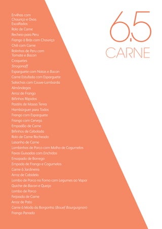 carne
Ervilhas com
Chouriço e Ovos
Escalfados
Rolo de Carne
Recheio para Peru
Frango à Brás com Chouriço
Chili com Carne
Rolinhos de Peru com
Tomate e Bacon
Croquetes
Strogonoff
Esparguete com Natas e Bacon
Carne Estufada com Esparguete
Salsichas com Couve-Lombarda
Almôndegas
Arroz de Frango
Bifinhos Rápidos
Pastéis de Massa Tenra
Hambúrguer para Todos
Frango com Esparguete
Frango com Cerveja
Empadão de Carne
Bifinhos de Cebolada
Rolo de Carne Recheado
Lasanha de Carne
Lombinhos de Porco com Molho de Cogumelos
Favas Guisadas com Enchidos
Ensopado de Borrego
Empada de Frango e Cogumelos
Carne à Jardineira
Arroz de Cabidela
Lombo de Porco no Forno com Legumes ao Vapor
Quiche de Bacon e Queijo
Lombo de Porco
Feijoada de Carne
Arroz de Pato
Carne à Moda da Borgonha (Bouef Bourguignon)
Frango Panado
6.5
 