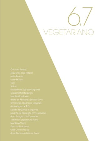 Chili com Seitan
Iogurte de Soja Natural
Leite de Arroz
Leite de Soja
Tofu
Seitan
Estufado de Tofu com Legumes
Strogonoff de Legumes
Lentilhas Estufadas
Risoto de Abóbora e Leite de Coco
Omelete ao Vapor com Legumes
Almôndegas de Tofu
Salada de Quinoa e Legumes
Lasanha de Requeijão com Espinafres
Arroz Integral com Espinafres
Tortilha de Legumes no Forno
Maçãs ao Vapor
Espuma de Abacaxi
Leite-Creme de Soja
Arroz-Doce com Leite de Coco
vegetariano
6.7
 