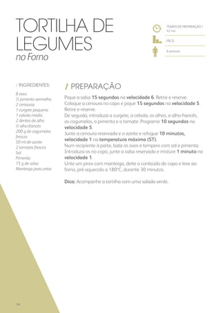 / INGREDIENTES:
8 ovos
½ pimento vermelho
2 cenouras
1 curgete pequena
1 cebola média
2 dentes de alho
½ alho-francês
200 g de cogumelos
frescos
50 ml de azeite
2 tomates frescos
Sal
Pimenta
15 g de salsa
Manteiga para untar
/ PREPARAÇÃO
Pique a salsa 15 segundos na velocidade 6. Retire e reserve.
Coloque a cenoura no copo e pique 15 segundos na velocidade 5.
Retire e reserve.
De seguida, introduza a curgete, a cebola, os alhos, o alho-francês,
os cogumelos, o pimento e o tomate. Programe 10 segundos na
velocidade 5.
Junte a cenoura reservada e o azeite e refogue 10 minutos,
velocidade 1 na temperatura máxima (ST).
Num recipiente à parte, bata os ovos e tempere com sal e pimenta.
Introduza-os no copo, junte a salsa reservada e misture 1 minuto na
velocidade 1.
Unte um pirex com manteiga, deite o conteúdo do copo e leve ao
forno, pré-aquecido a 180ºC, durante 30 minutos.
Dica: Acompanhe a tortilha com uma salada verde.
TEMPO DE PREPARAÇÃO /
42 mn
FÁCIL
6 pessoas
Tortilha de
Legumes
no Forno
158
 