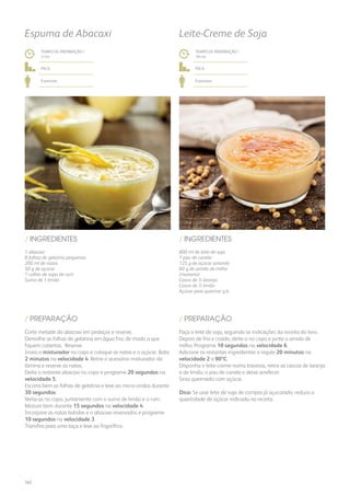 1 abacaxi
8 folhas de gelatina pequenas
200 ml de natas
50 g de açúcar
1 colher de sopa de rum
Sumo de 1 limão
/ INGREDIENTES
TEMPO DE PREPARAÇÃO /
3 mn
fácil
6 pessoas
Espuma de Abacaxi
Corte metade do abacaxi em pedaços e reserve.
Demolhe as folhas de gelatina em água fria, de modo a que
fiquem cobertas. Reserve.
Insira o misturador no copo e coloque as natas e o açúcar. Bata
2 minutos na velocidade 4. Retire o acessório misturador da
lâmina e reserve as natas.
Deite o restante abacaxi no copo e programe 20 segundos na
velocidade 5.
Escorra bem as folhas de gelatina e leve ao micro-ondas durante
30 segundos.
Verta-as no copo, juntamente com o sumo de limão e o rum.
Misture bem durante 15 segundos na velocidade 4.
Incorpore as natas batidas e o abacaxi reservados e programe
10 segundos na velocidade 3.
Transfira para uma taça e leve ao frigorífico.
/ PREPARAÇÃO
TEMPO DE PREPARAÇÃO /
18 mn
fácil
6 pessoas
Leite-Creme de Soja
/ PREPARAÇÃO
/ INGREDIENTES
800 ml de leite de soja
1 pau de canela
125 g de açúcar amarelo
60 g de amido de milho
(maisena)
Casca de ½ laranja
Casca de ½ limão
Açúcar para queimar q.b.
Faça o leite de soja, seguindo as indicações da receita do livro.
Depois de frio e coado, deite-o no copo e junte o amido de
milho. Programe 10 segundos na velocidade 6.
Adicione os restantes ingredientes e regule 20 minutos na
velocidade 2 a 90ºC.
Disponha o leite-creme numa travessa, retire as cascas de laranja
e de limão, o pau de canela e deixe arrefecer.
Sirva queimado com açúcar.
Dica: Se usar leite de soja de compra já açucarado, reduza a
quantidade de açúcar indicada na receita.
162
 