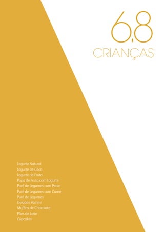 Iogurte Natural
Iogurte de Coco
Iogurte de Fruta
Papa de Fruta com Iogurte
Puré de Legumes com Peixe
Puré de Legumes com Carne
Puré de Legumes
Gelados Yämmi
Muffins de Chocolate
Pães de Leite
Cupcakes
CRIANÇAS
6.8
 