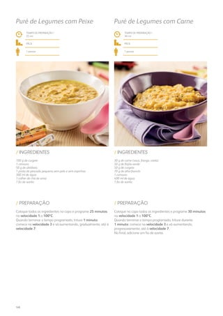 100 g de curgete
1 cenoura
50 g de abóbora
1 posta de pescada pequena sem pele e sem espinhas
300 ml de água
1 colher de chá de arroz
1 fio de azeite
30 g de carne (vaca, frango, vitela)
50 g de feijão-verde
50 g de curgete
70 g de alho-francês
1 cenoura
400 ml de água
1 fio de azeite
/ INGREDIENTES / INGREDIENTES
TEMPO DE PREPARAÇÃO /
25 mn
TEMPO DE PREPARAÇÃO /
30 mn
fácil fácil
1 pessoa 1 pessoa
Puré de Legumes com Peixe Puré de Legumes com Carne
Coloque todos os ingredientes no copo e programe 25 minutos
na velocidade 1 a 100ºC.
Quando terminar o tempo programado, triture 1 minuto:
comece na velocidade 3 e vá aumentando, gradualmente, até à
velocidade 7.
Coloque no copo todos os ingredientes e programe 30 minutos
na velocidade 1 a 100ºC.
Quando terminar o tempo programado, triture durante
1 minuto: comece na velocidade 3 e vá aumentando,
progressivamente, até à velocidade 7.
No final, adicione um fio de azeite.
/ PREPARAÇÃO / PREPARAÇÃO
168
 
