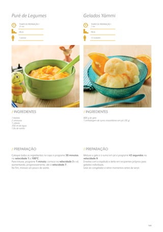 1 batata
2 cenouras
1 cebola
350 ml de água
1 fio de azeite
800 g de gelo
1 embalagem de sumo instantâneo em pó (30 g)
/ INGREDIENTES / INGREDIENTES
TEMPO DE PREPARAÇÃO /
31 mn
TEMPO DE PREPARAÇÃO /
1 mn
fácil fácil
1 pessoa 12 unidades
Puré de Legumes Gelados Yämmi
Coloque todos os ingredientes no copo e programe 30 minutos
na velocidade 1 a 100ºC.
Para triturar, programe 1 minuto: comece na velocidade 3 e vá
aumentando, progressivamente, até à velocidade 7.
No fim, misture um pouco de azeite.
Misture o gelo e o sumo em pó e programe 45 segundos na
velocidade 9.
Envolva com a espátula e deite em recipientes próprios para
gelados individuais.
Leve ao congelador e retire momentos antes de servir.
/ PREPARAÇÃO / PREPARAÇÃO
169
 
