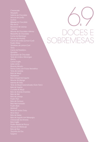 Cheesecake
Maçapão
Salame de Chocolate
Mousse de Limão
Sonhos
Mousse de Chocolate
Pão-de-Ló
Bavaroise de Laranja
Tiramisù
Mousse de Chocolate e Menta
Maravilha de Chocolate
Creme de Manteiga
Mousse de Ananás
Creme de Limão (Lemon Curd)
Pudim Moka
Tarteletes de Lemon Curd
Torta
Creme de Pasteleiro
Quindins
Quadrados de Chocolate
Tarte de Limão e Merengue
Aletria
Creme Inglês
Leite-creme
Brownie Minuto
Panna Cotta com Frutos Vermelhos
Torta de Laranja
Bolo de Maçã
Madalenas
Bolo Integral de Iogurte
Mousse de Manga
Azevias de Grão
Tarte de Maçã Caramelizada (Tarte Tatin)
Bolo de Iogurte
Crumble de Maçã
Bolo de Ananás Invertido
Bolo de Mel
Bolo de Laranja
Pudim Flan
Bolo de Cenoura
Bolo Marmorizado
Pudim-Bolo
Molotoff
Peras em Vinho Tinto
Arroz-doce
Bolo de Natas
Bolo de Iogurte com Morangos
Cheesecake de Amoras
Bolo Inglês
Pudim Abade de Priscos
Mousse de Maracujá
Bolo de Noz
Toucinho do Céu
Suspiros
DOCES e
SOBREmesas
6.9
 