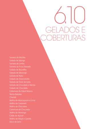 GELADOS E
COBERTURAS
Sorvete de Mirtilos
Gelado de Manga
Sorvete de Limão
Sorvete de Fruta Variada
Gelado de Baunilha
Gelado de Morango
Gelado de Nata
Gelado de Stracciatella
Gelado de Doce de Leite
Gelado de Chocolate e Menta
Gelado de Chocolate
Cobertura de Glacé Branca
Natas Batidas
Chantili
Molho de Mascarpone e Lima
Molho de Caramelo
Molho de Chocolate
Cobertura de Chocolate
Molho de Morango
Calda de Açúcar
Molho de Maçã e Canela
Doce de Leite
6.10
 