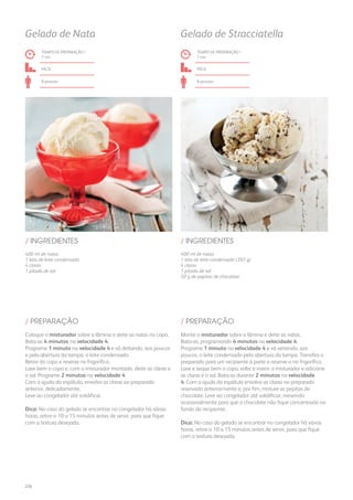 400 ml de natas
1 lata de leite condensado
4 claras
1 pitada de sal
400 ml de natas
1 lata de leite condensado (397 g)
4 claras
1 pitada de sal
50 g de pepitas de chocolate
/ INGREDIENTES / INGREDIENTES
TEMPO DE PREPARAÇÃO /
7 mn
TEMPO DE PREPARAÇÃO /
7 mn
fácil fácil
8 pessoas 8 pessoas
Gelado de Nata Gelado de Stracciatella
Coloque o misturador sobre a lâmina e deite as natas no copo.
Bata-as 4 minutos na velocidade 4.
Programe 1 minuto na velocidade 4 e vá deitando, aos poucos
e pela abertura da tampa, o leite condensado.
Retire do copo e reserve no frigorífico.
Lave bem o copo e, com o misturador montado, deite as claras e
o sal. Programe 2 minutos na velocidade 4.
Com a ajuda da espátula, envolva as claras ao preparado
anterior, delicadamente.
Leve ao congelador até solidificar.
Dica: No caso do gelado se encontrar no congelador há várias
horas, retire-o 10 a 15 minutos antes de servir, para que fique
com a textura desejada.
Monte o misturador sobre a lâmina e deite as natas.
Bata-as, programando 4 minutos na velocidade 4.
Programe 1 minuto na velocidade 4 e vá vertendo, aos
poucos, o leite condensado pela abertura da tampa. Transfira o
preparado para um recipiente à parte e reserve-o no frigorífico.
Lave e seque bem o copo, volte a inserir o misturador e adicione
as claras e o sal. Bata-as durante 2 minutos na velocidade
4. Com a ajuda da espátula envolva as claras no preparado
reservado anteriormente e, por fim, misture as pepitas de
chocolate. Leve ao congelador até solidificar, mexendo
ocasionalmente para que o chocolate não fique concentrado no
fundo do recipiente.
Dica: No caso do gelado se encontrar no congelador há várias
horas, retire-o 10 a 15 minutos antes de servir, para que fique
com a textura desejada.
/ PREPARAÇÃO / PREPARAÇÃO
226
 