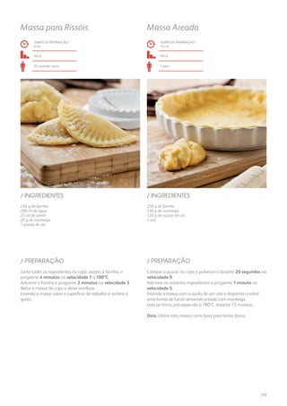 250 g de farinha
200 ml de água
25 ml de azeite
20 g de manteiga
1 pitada de sal
250 g de farinha
130 g de manteiga
120 g de açúcar em pó
1 ovo
/ INGREDIENTES / INGREDIENTES
TEMPO DE PREPARAÇÃO /
6 mn
TEMPO DE PREPARAÇÃO /
16 mn
fácil fácil
20 unidades aprox. 1 tarte
Massa para Rissóis Massa Areada
Junte todos os ingredientes no copo, exceto a farinha, e
programe 4 minutos na velocidade 1 a 100ºC.
Adicione a farinha e programe 2 minutos na velocidade 3.
Retire a massa do copo e deixe arrefecer.
Estenda a massa sobre a superfície de trabalho e recheie a
gosto.
Coloque o açúcar no copo e pulverize-o durante 20 segundos na
velocidade 9.
Adicione os restantes ingredientes e programe 1 minuto na
velocidade 5.
Estenda a massa com a ajuda de um rolo e disponha-a sobre
uma forma de fundo amovível untada com manteiga.
Leve ao forno, pré-aquecido a 180ºC, durante 15 minutos.
Dica: Utilize esta massa como base para tartes doces.
/ PREPARAÇÃO / PREPARAÇÃO
255
 
