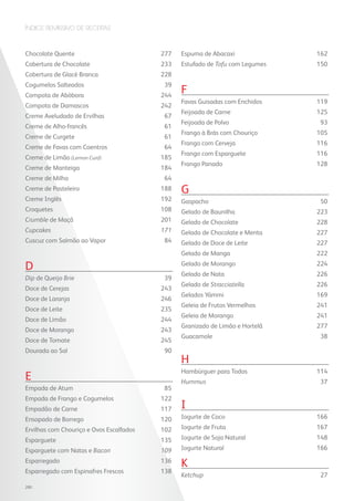 Chocolate Quente	 277
Cobertura de Chocolate	 233
Cobertura de Glacé Branca	 228
Cogumelos Salteados	 39
Compota de Abóbora	 244
Compota de Damascos	 242
Creme Aveludado de Ervilhas	 67
Creme de Alho-francês	 61
Creme de Curgete	 61
Creme de Favas com Coentros	 64
Creme de Limão (Lemon Curd)	 185
Creme de Manteiga 	 184
Creme de Milho	 64
Creme de Pasteleiro	 188
Creme Inglês	 192
Croquetes	108
Crumble de Maçã	 201
Cupcakes	 171
Cuscuz com Salmão ao Vapor	 84
D
Dip de Queijo Brie	 39
Doce de Cerejas	 243
Doce de Laranja	 246
Doce de Leite	 235
Doce de Limão	 244
Doce de Morango	 243
Doce de Tomate	 245
Dourada ao Sal	 90
E
Empada de Atum	 85
Empada de Frango e Cogumelos	 122
Empadão de Carne	 117
Ensopado de Borrego	 120
Ervilhas com Chouriço e Ovos Escalfados	 102
Esparguete	135
Esparguete com Natas e Bacon	 109
Esparregado	136
Esparregado com Espinafres Frescos	 138
Espuma de Abacaxi	 162
Estufado de Tofu com Legumes	 150
F
Favas Guisadas com Enchidos	 119
Feijoada de Carne	 125
Feijoada de Polvo	 93
Frango à Brás com Chouriço	 105
Frango com Cerveja	 116
Frango com Esparguete	 116
Frango Panado	 128
G
Gaspacho	50
Gelado de Baunilha	 223
Gelado de Chocolate	 228
Gelado de Chocolate e Menta	 227
Gelado de Doce de Leite 	 227
Gelado de Manga	 222
Gelado de Morango	 224
Gelado de Nata	 226
Gelado de Stracciatella	 226
Gelados Yämmi	 169
Geleia de Frutos Vermelhos	 241
Geleia de Morango	 241
Granizado de Limão e Hortelã	 277
Guacamole	38
H
Hambúrguer para Todos	 114
Hummus	 37
I
Iogurte de Coco	 166
Iogurte de Fruta	 167
Iogurte de Soja Natural	 148
Iogurte Natural	 166
K	
Ketchup	 27
Índice Remissivo de Receitas
280
 