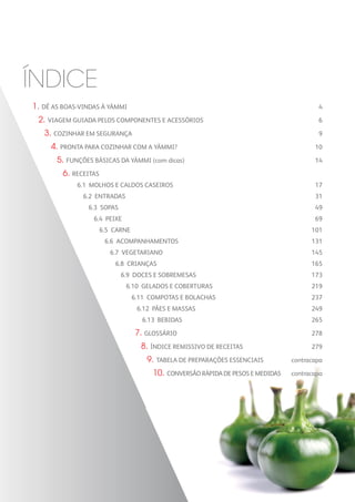 índice
1. DÊ AS BOAS-VINDAS À YÄMMI	 4
2. VIAGEM GUIADA PELOS COMPONENTES E ACESSÓRIOS	 6
3. COZINHAR EM SEGURANÇA	 9
4. PRONTA PARA COZINHAR COM A YÄMMI?	 10
5. FUNÇÕES BÁSICAS DA YÄMMI (com dicas) 	 14
6. RECEITAS	
6.1 MOLHOS E CALDOS CASEIROS	 17
6.2 ENTRADAS	 31
6.3 SOPAS	 49
6.4 PEIXE	 69
6.5 CARNE	 101
6.6 ACOMPANHAMENTOS	 131
6.7 VEGETARIANO	 145
6.8 CRIANÇAS	 165
6.9 DOCES E SOBREMESAS	 173
6.10 GELADOS E COBERTURAS	 219
6.11 COMPOTAS E BOLACHAS	 237
6.12 PÃES E MASSAS	 249
6.13 BEBIDAS	 265
7. GLOSSÁRIO	278
8. ÍNDICE REMISSIVO DE RECEITAS	 279
9. TABELA DE PREPARAÇÕES ESSENCIAIS	 contracapa
10. CONVERSÃO RÁPIDA DE PESOS E MEDIDAS	 contracapa
 