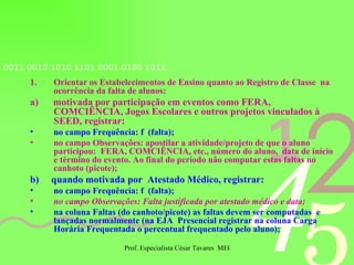 Orientar os Estabelecimentos de Ensino quanto ao Registro de Classe  na ocorrência da falta de alunos: a)  motivada por participação em eventos como FERA, COMCIÊNCIA, Jogos Escolares e outros projetos vinculados à SEED, registrar: no campo Frequência: f  (falta); no campo Observações: apostilar a atividade/projeto de que o aluno participou:  FERA, COMCIÊNCIA, etc., número do aluno,  data de início e término do evento. Ao final do período não computar estas faltas no canhoto (picote); b)  quando motivada por  Atestado Médico, registrar: no campo Frequência: f  (falta); no campo Observações: Falta justificada por atestado médico e data; na coluna Faltas (do canhoto/picote) as faltas devem ser computadas  e lançadas normalmente (na EJA  Presencial registrar na coluna Carga Horária Frequentada o percentual frequentado pelo aluno); 