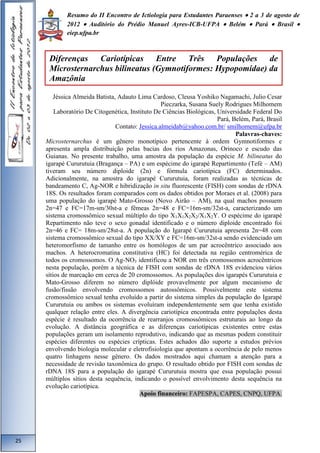 Resumo do II Encontro de Ictiologia para Estudantes Paraenses  2 a 3 de agosto de 
2012  Auditório do Prédio Manuel Ayres-ICB-UFPA  Belém  Pará  Brasil  
eiep.ufpa.br 
Jéssica Almeida Batista, Adauto Lima Cardoso, Cleusa Yoshiko Nagamachi, Julio Cesar 
Pieczarka, Susana Suely Rodrigues Milhomem 
Laboratório De Citogenética, Instituto De Ciências Biológicas, Universidade Federal Do 
Pará, Belém, Pará, Brasil 
Contato: Jessica.almeidab@yahoo.com.br/ smilhomem@ufpa.br 
Palavras-chaves: 
Microsternarchus é um gênero monotípico pertencente à ordem Gymnotiformes e 
apresenta ampla distribuição pelas bacias dos rios Amazonas, Orinoco e escudo das 
Guianas. No presente trabalho, uma amostra da população da espécie M. bilineatus do 
igarapé Cururutuia (Bragança – PA) e um espécime do igarapé Repartimento (Tefé – AM) 
tiveram seu número diploide (2n) e fórmula cariotípica (FC) determinados. 
Adicionalmente, na amostra do igarapé Cururutuia, foram realizadas as técnicas de 
bandeamento C, Ag-NOR e hibridização in situ fluorescente (FISH) com sondas de rDNA 
18S. Os resultados foram comparados com os dados obtidos por Moraes et al. (2008) para 
uma população do igarapé Mato-Grosso (Novo Airão – AM), na qual machos possuem 
2n=47 e FC=17m-sm/30st-a e fêmeas 2n=48 e FC=16m-sm/32st-a, caracterizando um 
sistema cromossômico sexual múltiplo do tipo X1X1X2X2/X1X2Y. O espécime do igarapé 
Repartimento não teve o sexo gonadal identificado e o número diploide encontrado foi 
2n=46 e FC= 18m-sm/28st-a. A população do Igarapé Cururutuia apresenta 2n=48 com 
sistema cromossômico sexual do tipo XX/XY e FC=16m-sm/32st-a sendo evidenciado um 
heteromorfismo de tamanho entre os homólogos de um par acrocêntrico associado aos 
machos. A heterocromatina constitutiva (HC) foi detectada na região centromérica de 
todos os cromossomos. O Ag-NO3 identificou a NOR em três cromossomos acrocêntricos 
nesta população, porém a técnica de FISH com sondas de rDNA 18S evidenciou vários 
sítios de marcação em cerca de 20 cromossomos. As populações dos igarapés Cururutuia e 
Mato-Grosso diferem no número diplóide provavelmente por algum mecanismo de 
fusão/fissão envolvendo cromossomos autossômicos. Possivelmente este sistema 
cromossômico sexual tenha evoluído a partir do sistema simples da população do Igarapé 
Cururutuia ou ambos os sistemas evoluíram independentemente sem que tenha existido 
qualquer relação entre eles. A divergência cariotípica encontrada entre populações desta 
espécie é resultado da ocorrência de rearranjos cromossômicos estruturais ao longo da 
evolução. A distância geográfica e as diferenças cariotípicas existentes entre estas 
populações geram um isolamento reprodutivo, indicando que as mesmas podem constituir 
espécies diferentes ou espécies crípticas. Estes achados dão suporte a estudos prévios 
envolvendo biologia molecular e eletrofisiologia que apontam a ocorrência de pelo menos 
quatro linhagens nesse gênero. Os dados mostrados aqui chamam a atenção para a 
necessidade de revisão taxonômica do grupo. O resultado obtido por FISH com sondas de 
rDNA 18S para a população do igarapé Cururutuia mostra que essa população possui 
múltiplos sítios desta sequência, indicando o possível envolvimento desta sequência na 
evolução cariotípica. 
Apoio financeiro: FAPESPA, CAPES, CNPQ, UFPA. 
25 
Diferenças Cariotípicas Entre Três Populações de 
Microsternarchus bilineatus (Gymnotiformes: Hypopomidae) da 
Amazônia 
 