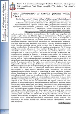 Resumo do II Encontro de Ictiologia para Estudantes Paraenses  2 a 3 de agosto de 
2012  Auditório do Prédio Manuel Ayres-ICB-UFPA  Belém  Pará  Brasil  
eiep.ufpa.br 
Ribeiro, Siane Marina1,2; Velasco, Michele1,2; Videira, Marcela1,3; Rabello, Louise1; 
Sindeaux Neto, José1; Dias, Lilian1,4; Matos, Patrícia5; Matos, Edilson1. 
1Laboratório de Pesquisa Carlos Azevedo, UFRA; 2Programa de Pós-Graduação em 
Aqüicultura e Recursos Aquáticos Tropicais,UFRA; 3Programa de Pós-Graduação em 
Biologia de Agentes Infecciosos e Parasitários,UFPA; 4Programa de Pós-Graduação em 
Ciência Animal, UFPA; 5Laboratório de Pesquisa Edilson Matos, ICB , UFPA. 
E-mail para contato: sianemarina@yahoo.com.br 
Palavras-chave: mixosporídios, microsporídios, Gobioides grahamae. 
A fauna aquática dos diferentes meios ambientes e das variadas áreas geográficas está 
sujeita à ação danosa de diferentes tipos de microparasitoses. Dentre os agentes 
patogênicos que ocorrem na fauna ictiológica destacam-se dois grupos, os microsporídios e 
mixosporídios. Os microsporídios são parasitos pertencentes ao filo Microsporidia, são 
organismos unicelulares eucariotas com um ciclo de vida obrigatoriamente intracelular, 
tem como seus principais hospedeiros os artrópodes e peixes. Apresentam esporos de 
forma elipsoidal, constituído por uma parede espessa, o disco de ancoragem, o filamento 
polar e o polaroplasto. Os mixosporídios são parasitos pertencentes ao Filo Myxozoa, 
considerados parasitas celulares de peixes marinhos, de água doce e estuarinos e são 
encontrados parasitando diversos órgãos. Este trabalho tem por objetivo descrever a fauna 
microparasitária de Gobioides grahamae proveniente do município de Salvaterra/ PA. 
Foram utilizados 30 peixes de água doce G. grahamae (nome comum “antã”), capturados 
no município de Salvaterra/ PA. Os animais foram acondicionados em sacos plásticos com 
aeração artificial e transportados ao Laboratório de Pesquisa Carlos Azevedo (UFRA). Os 
peixes foram anestesiados e necropsiados, e as observações dos órgãos foram feitas com 
auxílio de estereomicroscópio. Os órgãos com possíveis focos de parasitismo foram 
fragmentados e fixados em solução de Davison, processados, corados e documentados. 
Observou-se parasitismo por microsporídio no fígado e por mixosporídios na musculatura 
do palato e na vesícula biliar. As observações macroscópicas revelaram as seguintes 
características: o órgão hepático apresentou cistos arredondados, de coloração 
esbranquiçada disseminados no órgão; a musculatura do palato apresentou formações 
císticas disseminadas por todo tecido; e a vesícula biliar apresentou líquido biliar com 
coloração esverdeada opaca, sem formação cística. Com as observações em ML, os cistos 
de ambos os tecidos estavam repletos de esporos maduros, que ao serem liberados, foram 
identificados como pertencentes ao grupo dos microsporidios, por possuir formato oval a 
elipsoide e um vacúolo em uma das extremidades. Os esporos liberados dos cistos 
presentes na musculatura do palato, apresentaram formato arredondado, possuindo em seu 
interior duas cápsulas polares, cada uma com um filamento polar e um esporoplasma. Com 
as observações do líquido biliar, foram identificados esporos livres de mixosporidios de 
dois gêneros diferentes: um característico do gênero Ellipsomyxa, com formato elipsoide, 
duas cápsulas polares posicionadas em lados opostos do esporo, cada uma com um 
filamento polar; outro pertencente ao gênero Myxidium, com formato em bastão, com duas 
cápsulas polares localizadas nas extremidades do esporo, cada uma com um filamento. 
Portanto, há necessidade de ampliação das coletas de campo e melhores estudos em 
microscopia de luz, microscopia eletrônica de transmissão e biologia molecular, para 
determinação das espécies parasitas, bem como das possíveis lesões teciduais causadas 
pelo parasitismo. 
Apoio financeiro: 
29 
Fauna Microparasitária de Gobioides grahamae (Pisces, 
Teleostei) 
 