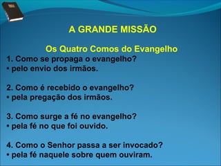 A GRANDE MISSÃO
Os Quatro Comos do Evangelho
1. Como se propaga o evangelho?
• pelo envio dos irmãos.
2. Como é recebido o evangelho?
• pela pregação dos irmãos.
3. Como surge a fé no evangelho?
• pela fé no que foi ouvido.
4. Como o Senhor passa a ser invocado?
• pela fé naquele sobre quem ouviram.

 
