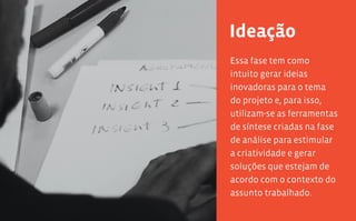 98 99
Essa fase tem como
intuito gerar ideias
inovadoras para o tema
do projeto e, para isso,
utilizam-se as ferramentas
de síntese criadas na fase
de análise para estimular
a criatividade e gerar
soluções que estejam de
acordo com o contexto do
assunto trabalhado.
Ideação
 
