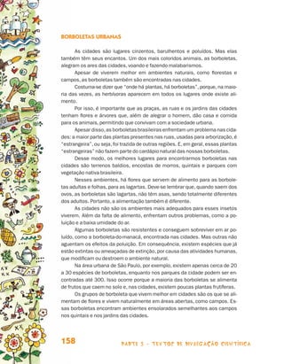 Borboletas urbanas

                                        As cidades são lugares cinzentos, barulhentos e poluídos. Mas elas
                                 tam­ ém têm seus encantos. Um dos mais coloridos animais, as borboletas,
                                     b
                                 alegram os ares das cidades, voando e fazendo malabarismos.
                                        Apesar de viverem melhor em ambientes naturais, como florestas e
                                 campos, as borboletas também são encontradas nas cidades.
                                        Costuma-se dizer que “onde há plantas, há borboletas”, porque, na maio­
                                 ria das vezes, as herbívoras aparecem em todos os lugares onde existe ali-
                                 mento.
                                        Por isso, é importante que as praças, as ruas e os jardins das cidades
                                 tenham flores e árvores que, além de alegrar o homem, dão casa e comida
                                 para os animais, permitindo que convivam com a sociedade urbana.
                                        Apesar disso, as borboletas brasileiras enfrentam um problema nas cida-
                                 des: a maior parte das plantas presentes nas ruas, usadas para arborização, é
                                 “estrangeira”, ou seja, foi trazida de outras regiões. E, em geral, essas plantas
                                 “estrangeiras” não fazem parte do cardápio natural das nossas borboletas.
                                        Desse modo, os melhores lugares para encontrarmos borboletas nas
                                 cidades são terrenos baldios, encostas de morros, quintais e parques com
                                 vegetação nativa brasileira.
                                        Nesses ambientes, há flores que servem de alimento para as borbole-
                                 tas adultas e folhas, para as lagartas. Deve-se lembrar que, quando saem dos
                                 ovos, as borboletas são lagartas, não têm asas, sendo totalmente diferentes
                                 dos adultos. Portanto, a alimentação também é diferente.
                                        As cidades não são os ambientes mais adequados para esses insetos
                                 viverem. Além da falta de alimento, enfrentam outros problemas, como a po-
                                 luição e a baixa umidade do ar.
                                        Algumas borboletas são resistentes e conseguem sobreviver em ar po-
                                 luído, como a borboleta-do-manacá, encontrada nas cidades. Mas outras não
                                 aguentam os efeitos da poluição. Em consequência, existem espécies que já
                                 estão extintas ou ameaçadas de extinção, por causa das atividades humanas,
                                 que modificam ou destroem o ambiente natural.
                                        Na área urbana de São Paulo, por exemplo, existem apenas cerca de 20
                                 a 30 espécies de borboletas, enquanto nos parques da cidade podem ser en-
                                 contradas até 300. Isso ocorre porque a maioria das borboletas se alimenta
                                 de frutos que caem no solo e, nas cidades, existem poucas plantas frutíferas.
                                        Os grupos de borboleta que vivem melhor em cidades são os que se ali-
                                 mentam de flores e vivem naturalmente em áreas abertas, como campos. Es-
                                 sas borboletas encontram ambientes ensolarados semelhantes aos campos
                                 nos quintais e nos jardins das cidades.




                                 158                        parte 3 - TEXTOS DE DIVULGAÇÃO CIENTÍFICA



Livro de Textos_Aluno.indd 158                                                                                       2009-11-05 15:37
 