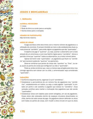 JOGOS E BRINCADEIRAS

                                 1.	Queimada

                                 Material necessário
                                 j 1 bola
                                 j Rede de tênis ou corda (para a variação)
                                 j Outras bolas (para a variação)

                                 Número de participantes
                                 Não há limite máximo

                                 Modo de jogar
                                        O jogo acontece entre dois times com o mesmo número de jogadores e a
                                 utilização de uma bola. O campo é dividido ao meio e são estabelecidas duas ou
                                 mais zonas de “cemitério”, para onde migram os jogadores que são “queimados”.
                                        O objetivo do jogo é “queimar”, ou seja, acertar o adversário com a bola
                                 através de um arremesso, e com isso fazê-lo migrar para o “cemitério”. Vence a
                                 partida o time que “queimar” todos os adversários, ou o maior número deles.
                                        Apesar de terem sido “queimados”, os jogadores que ficam no “cemité-
                                 rio” permanecem podendo “queimar” os oponentes.
                                        Deve-se combinar que partes do corpo são “quentes” ou “frias”, ou se­
                                 ja, quais as partes do corpo que configuram ou não a “queimada”.
                                        Pode-se ainda combinar que, caso a criança seja atingida pela bola mas
                                 consiga agarrá-la sem deixar cair no chão, o arremessador seja considerado
                                 “queimado”.

                                 Variações
                                 j Conforme esquema acima, organizar 2 ou 6 “cemitérios”.
                                 j  stabelecer a permanência de um número fixo de jogadores nos “cemité-
                                   E
                                   rios”, estabelecendo um rodízio, ou seja, a cada jogador “queimado” é con-
                                   tado um ponto e ele substitui o jogador que estava no “cemitério”. Essa
                                   variação contribui para manter a motivação dos jogadores que vão sendo
                                   “queimados”.
                                 j  stabelecer alvos com objetos para serem atingidos, em vez de jogadores.
                                   E
                                   Esses alvos são colocados dentro de espaços circulares desenhados no
                                   chão, dentro de cada campo de jogo. Os jogadores devem defender os alvos
                                   com todas as partes do corpo, sem invadir a área circular em que os alvos




                                 172                                          parte 3 - jogos e brincadeiras



Livro de Textos_Aluno.indd 172                                                                                     2009-11-05 15:37
 