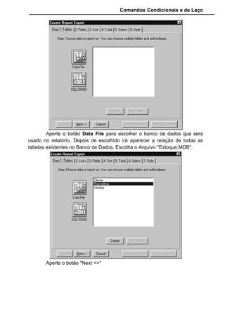 Comandos Condicionais e de Laço
Nesta tela selecionamos os campos que vão compor o relatório.
Escolha um campo na lista que aparece no "Database Fields", aperte o botão
"Add" e dê um título para o campo (que irá aparecer no cabeçalho) no item
Column Heading.
Escolha somente os campos da tabela de Mercadoria.
 