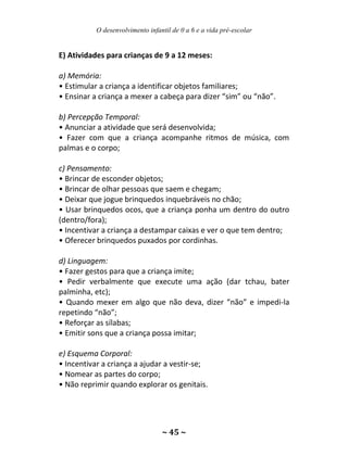 O desenvolvimento infantil de 0 a 6 e a vida pré-escolar
~ 45 ~
E) Atividades para crianças de 9 a 12 meses:
a) Memória:
• Estimular a criança a identificar objetos familiares;
• Ensinar a criança a mexer a cabeça para dizer “sim” ou “não”.
b) Percepção Temporal:
• Anunciar a atividade que será desenvolvida;
• Fazer com que a criança acompanhe ritmos de música, com
palmas e o corpo;
c) Pensamento:
• Brincar de esconder objetos;
• Brincar de olhar pessoas que saem e chegam;
• Deixar que jogue brinquedos inquebráveis no chão;
• Usar brinquedos ocos, que a criança ponha um dentro do outro
(dentro/fora);
• Incentivar a criança a destampar caixas e ver o que tem dentro;
• Oferecer brinquedos puxados por cordinhas.
d) Linguagem:
• Fazer gestos para que a criança imite;
• Pedir verbalmente que execute uma ação (dar tchau, bater
palminha, etc);
• Quando mexer em algo que não deva, dizer “não” e impedi-la
repetindo “não”;
• Reforçar as sílabas;
• Emitir sons que a criança possa imitar;
e) Esquema Corporal:
• Incentivar a criança a ajudar a vestir-se;
• Nomear as partes do corpo;
• Não reprimir quando explorar os genitais.
 