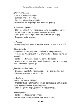 O desenvolvimento infantil de 0 a 6 e a vida pré-escolar
~ 55 ~
f) Visomotricidade:
• Oferecer papel para rasgar;
• Dar massinha de modelar;
• Oferecer brinquedos de encaixe;
• Estimular o uso do polegar e do indicador (pinçar).
g) Esquema Corporal:
• Oferecer brincadeiras relacionadas com a percepção do corpo;
• Permitir que a criança tenha acesso a um espelho;
• Pedir que a criança diga o nome de partes do seu corpo;
• Brincar de imitar animais.
h) Postura:
• Propor atividades que aperfeiçoem a capacidade de ficar em pé.
i) Coordenação:
• Incentivar a criança a passar por obstáculos engatinhando;
• Brincar de “marcha-soldado”, alternando os braços como um
pêndulo;
• Continuar estimulando o uso das pontas dos dedos;
• Oferecer giz de cera para colorir livremente, sem se preocupar
com a forma que segura o giz.
j) Atividades Lúdico-Motoras:
• Brincar de jogar bola, incentivando a rolar, jogar e deixar cair;
• Estimular a criança a chutar a bola.
k) Grafismo:
• Fazer traços livres na areia;
• Oferecer lápis e estimular os traços horizontais e verticais (ex:
imitar a chuva caindo e o trem andando);
• Oferecer quadro negro, para que rabisque com giz.
l) Área Afetiva:
• Continuar estabelecendo limites;
• Permitir que a criança brinque com terra ou areia;
 