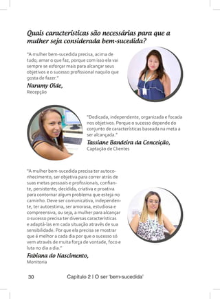 Capítulo 2 | O ser ‘bem-sucedida’30
Quais características são necessárias para que a
mulher seja considerada bem-sucedida?
“A mulher bem-sucedida precisa, acima de
tudo, amar o que faz, porque com isso ela vai
sempre se esforçar mais para alcançar seus
objetivos e o sucesso profissional naquilo que
gosta de fazer.”
Narumy Oide,
Recepção
“Dedicada, independente, organizada e focada
nos objetivos. Porque o sucesso depende do
conjunto de características baseada na meta a
ser alcançada.”
Tassiane Bandeira da Conceição,
Captação de Clientes
“A mulher bem-sucedida precisa ter autoco-
nhecimento, ser objetiva para correr atrás de
suas metas pessoais e profissionais, confian-
te, persistente, decidida, criativa e proativa
para contornar algum problema que esteja no
caminho. Deve ser comunicativa, independen-
te, ter autoestima, ser amorosa, estudiosa e
compreensiva, ou seja, a mulher para alcançar
o sucesso precisa ter diversas características
e adaptá-las em cada situação através de sua
sensibilidade. Por que ela precisa se mostrar
que é melhor a cada dia por que o sucesso só
vem através de muita força de vontade, foco e
luta no dia a dia.”
Fabiana do Nascimento,
Monitoria
 