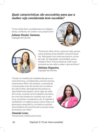 Capítulo 2 | O ser ‘bem-sucedida’34
Quais características são necessárias para que a
mulher seja considerada bem-sucedida?
“Existe um modelo pré-estabelecido para o su-
cesso feminino, considerando uma boa carreira,
casamento e filhos. No entanto, o conceito de
sucesso pode variar de acordo com os valores
de cada mulher, abrangendo tais pontos ou
algo totalmente oposto, como viajar ao redor
do mundo, envolver-se em trabalho voluntário,
ter uma vida simples em contato com a natu-
reza, conquistar a autoestima, etc. O segredo é
estabelecer um objetivo para a vida e traçar um
plano para conquistá-lo, curtindo os sucessos
intermediários do caminho até o sucesso maior
de alcançar sua meta.”
Amanda Leme,
Treinamento e Desenvolvimento
“Uma mulher bem-sucedida deve ser indepen-
dente, confiante, ter caráter e seu próprio brio”
Juliana Mendes Santana,
Captação de Clientes
“Precisa ter olhar clínico, observar tudo, pensar
como empresa (mas também como funcioná-
ria). Não gastar com tudo que queira e, acima
de tudo, ter dignidade, honestidade, pontu-
alidade e ética. Precisa observar tudo o que
acontece ao seu redor e saber o que acontece.”
Adriana Nogueira,
Captação de Clientes
 