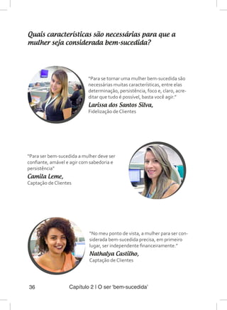 Capítulo 2 | O ser ‘bem-sucedida’36
Quais características são necessárias para que a
mulher seja considerada bem-sucedida?
“Para ser bem-sucedida a mulher deve ser
confiante, amável e agir com sabedoria e
persistência”
Camila Leme,
Captação de Clientes
“No meu ponto de vista, a mulher para ser con-
siderada bem-sucedida precisa, em primeiro
lugar, ser independente financeiramente.”
Nathalya Castilho,
Captação de Clientes
“Para se tornar uma mulher bem-sucedida são
necessárias muitas características, entre elas
determinação, persistência, foco e, claro, acre-
ditar que tudo é possível, basta você agir.”
Larissa dos Santos Silva,
Fidelização de Clientes
 
