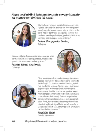 Capítulo 4 | Revolução em duas décadas60
A que você atribui toda mudança de comportamento
da mulher nos últimos 20 anos?
“As mulheres ficaram mais independentes e co-
rajosas, perceberam e quiseram mostrar para o
mundo o quão somos essenciais na vida e no dia
a dia, não só dentro de casa para a família, mas
também na vida profissional, podendo buscar os
sonhos e objetivos por conta própria.”
Laiane Gonzaga dos Santos,
Cobrança
“À necessidade de conquistar seu espaço e lutar
permanentemente por igualdade, mostrando
que é competente em tudo o que faz.”
Paloma Santos de Moraes,
Cobrança
“Ano a ano as mulheres vêm conquistando seu
espaço no mundo, deixando de ser o chamado
‘sexo frágil’. O comportamento mudou, conti-
nua mudando sempre.Temos mães que fazem
papel de pai, mulheres que batalham pelo
sustento da família, praticam esportes, assu-
mem cargos no mercado de trabalho (inclusive
como chefes de Estado). Somos respeitadas
como mulheres independentes e de personali-
dade forte, que ainda luta contra preconceito,
discriminação, desigualdade social, assédio e
violência doméstica. Sonhamos com um futuro
de liberdade e respeito.”
Nadiejda Vidal,
Gestão de Pessoas
 