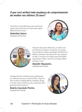 Capítulo 4 | Revolução em duas décadas68
A que você atribui toda mudança de comportamento
da mulher nos últimos 20 anos?
“Antigamente as mulheres não trabalhavam,
só cuidavam da casa, marido e filhos. Hoje em
dia a mulher é independente, trabalha, dirige,
e muitas vezes sustenta a casa, coisas que anti-
gamente não acontecia.”
Beatriz Conceição Pereira,
Captação de Clientes
“Hoje em dia tudo é diferente, a mulher com
seu esforço conseguiu conquistar um espaço
mais amplo em toda a sociedade. Mulheres tra-
balham, estudam, são donas de casa, esposas
e mães. E mesmo com todas essas atividades
não perdem a fibra, vencem o inimigo e dão a
volta por cima.”
Danielle Maçaneiro,
Captação de Clientes
“Se atribui muita diferença, pois muitas po-
sições masculinas faz com que todas sejam
diferentes de muitas.”
Andrelina Soares,
Captação de Clientes
 