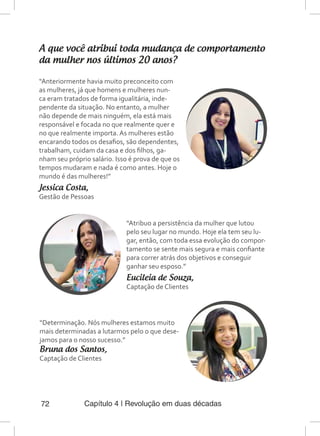 Capítulo 4 | Revolução em duas décadas72
A que você atribui toda mudança de comportamento
da mulher nos últimos 20 anos?
“Atribuo a persistência da mulher que lutou
pelo seu lugar no mundo. Hoje ela tem seu lu-
gar, então, com toda essa evolução do compor-
tamento se sente mais segura e mais confiante
para correr atrás dos objetivos e conseguir
ganhar seu esposo.”
Eucileia de Souza,
Captação de Clientes
“Determinação. Nós mulheres estamos muito
mais determinadas a lutarmos pelo o que dese-
jamos para o nosso sucesso.”
Bruna dos Santos,
Captação de Clientes
“Anteriormente havia muito preconceito com
as mulheres, já que homens e mulheres nun-
ca eram tratados de forma igualitária, inde-
pendente da situação. No entanto, a mulher
não depende de mais ninguém, ela está mais
responsável e focada no que realmente quer e
no que realmente importa. As mulheres estão
encarando todos os desafios, são dependentes,
trabalham, cuidam da casa e dos filhos, ga-
nham seu próprio salário. Isso é prova de que os
tempos mudaram e nada é como antes. Hoje o
mundo é das mulheres!”
Jessica Costa,
Gestão de Pessoas
 