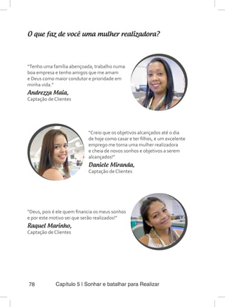 Capítulo 5 | Sonhar e batalhar para Realizar78
O que faz de você uma mulher realizadora?
“Tenho uma família abençoada, trabalho numa
boa empresa e tenho amigos que me amam
e Deus como maior condutor e prioridade em
minha vida.”
Andrezza Maia,
Captação de Clientes
“Creio que os objetivos alcançados até o dia
de hoje como casar e ter filhos, e um excelente
emprego me torna uma mulher realizadora
e cheia de novos sonhos e objetivos a serem
alcançados!”
Daniele Miranda,
Captação de Clientes
“Deus, pois é ele quem financia os meus sonhos
e por este motivo sei que serão realizados!”
Raquel Marinho,
Captação de Clientes
 