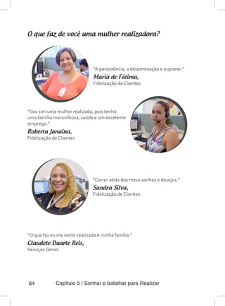 Capítulo 5 | Sonhar e batalhar para Realizar84
O que faz de você uma mulher realizadora?
“A persistência, a determinação e o querer.”
Maria de Fátima,
Fidelização de Clientes
“Sou sim uma mulher realizada, pois tenho
uma família maravilhosa, saúde e um excelente
emprego.”
Roberta Janaina,
Fidelização de Clientes
“Correr atrás dos meus sonhos e desejos.”
Sandra Silva,
Fidelização de Clientes
“O que faz eu me sentir realizada é minha família.”
Claudete Duarte Reis,
Serviços Gerais
 