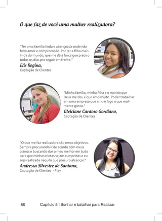 Capítulo 5 | Sonhar e batalhar para Realizar86
O que faz de você uma mulher realizadora?
“Minha família, minha filha e o marido que
Deus me deu e que amo muito. Poder trabalhar
em uma empresa que amo e faço o que real-
mente gosto.”
Gleiciane Cardoso Gordiano,
Captação de Clientes
“O que me faz realizadora são meus objetivos.
Sempre procurando ir de acordo com meus
planos e buscando dar o meu melhor em tudo
para que minhas metas sejam cumpridas e eu
seja realizada naquilo que procuro alcançar.”
Andressa Silvestre de Santana,
Captação de Clientes - Play
“Ter uma família linda e abençoada onde não
falta amor e compreensão. Por ter a filha mais
linda do mundo, que me dá a força que preciso
todos os dias pra seguir em frente.”
Elis Regina,
Captação de Clientes
 