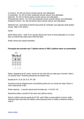 m (menor) - Ex: Bm (si menor) acorde natural, sem alterações
# (sustenido) - Ex: A# (lá maior sustenido) acorde natural, sem alterações
b(bemol) - Ex: Eb (mi bemol maior) acorde natural, sem alterações
#m(sustenido menor) - Ex: C#m (dó sustenido menor) acorde natural, sem alterações
bm(bemol menor) - Ex: Gb (sol bemol maior) acorde natural, sem alterações
Sabendo isso, você talvez já elimine boa parte da “confusão” que algumas cifras podem
causar. Veja a cifra abaixo:
C#m9
Iiihhh! Muita coisa... nada. É um acorde natural com nona. A única alteração aí é a nona.
Que na maioria dos casos não é difícil de fazer.
Então vamos aos nossos exemplos.
Formação dos acordes com 7 (sétima menor) e 7M(7+) (sétima maior ou aumentada)
Dado o diagrama de A7 acima, vamos ver de onde vêm as notas que o formam. Este é
um acorde maior. Portanto precisamos da escala maior.
Escala de A = A, B, C#, D, E, F#, G#
A primeira nota do diagrama tem uma bolinha preta com um círculo em volta. Esta é a
nota fundamental, A (lá).
Então vejamos... o acorde natural seria formado por: 1-A 3-C#, 5-E
Queremos então o acorde A7 (lá maior com sétima menor).
Qual é a sétima nota da escala de A? G#, certo? Mas a nossa sétima é menor, então
trazemos esta nota meio tom abaixo (uma casa para trás no violão) e obtemos então a
nota G.
! Diagramas de acordes de violão e guitarra! 13
voltar ao indice
 