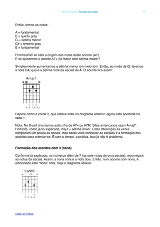 Então, temos as notas:
A = fundamental
E = quinto grau
G = sétima menor
C# = terceiro grau
E = fundamental
Prontíssimo! Aí está a origem das notas deste acorde (A7).
E se quisermos o acorde A7+ (lá maior com sétima maior)?
Simplesmente aumentamos a sétima menor em meio tom. Então, ao invés de G, teremos
a nota G#, que é a sétima nota da escala de A. O acorde ﬁca assim:
Repare como a corda 3, que estava solta no diagrama anterior, agora está apertada na
casa 1.
Nota: No Brasil chamamos esta cifra de A7+ ou A7M. Sites americanos usam Amaj7.
Portanto, como já foi explicado, maj7 = sétima maior. Estas diferenças às vezes
complicam um pouco as coisas, mas basta você conhecer as escalas e a formação dos
acordes para orientar-se. E com o tempo, a prática, isso já não é problema.
Formação dos acordes com 9 (nona)
Conforme já explicado, os números além de 7 (as sete notas de uma escala), recomeçam
as notas da escala. Assim, a nona nota é a nota dois. Então, num acorde com nona, é
adicionada esta “nona” nota. Veja o diagrama abaixo:
! Bruno Grunig - Acordes de violão! 14
voltar ao indice
 