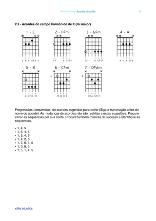 2.3 - Acordes do campo harmônico de E (mi maior)
Progressões (sequencias) de acordes sugeridas para treino (Siga a numeração antes do
nome do acorde). As mudanças de acordes não são restritas a estas sugestões. Procure
variar as sequencias por sua conta. Procure também músicas de sucesso e identiﬁque as
sequencias.
• 1, 4, 5
• 1, 6, 4, 5
• 1, 5, 4, 5
• 1, 4, 2, 5
• 1, 7, 6, 4, 5
• 1, 3, 6, 5
• 1, 5, 1, 4, 5
! Bruno Grunig - Acordes de violão! 28
voltar ao indice
 