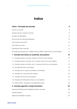 Indice
Teoria - Formação dos acordes! 8
O que é um acorde 8
Acordes naturais, maiores e menores 8
Acordes com alterações 9
De onde vêm as notas das alterações? 10
E os números acima de 7? 11
Como lidar com cifras 12
Entendendo cifras e acordes 12
Formação dos acordes com 7 (sétima menor) e 7M(7+) (sétima maior ou aumentada) 13
1 - Acordes sem bemol ou sustenido, sem pestana! 16
1.1 - Acordes maiores e menores, naturais, sem # ou b e sem pestana 16
1.2 - Acordes maiores e menores, com 7 naturais, sem # ou b e sem pestana 17
1.3 - Acordes maiores e menores, com 7+ naturais, sem # ou b e sem pestana 18
1.4 - Acordes diminutos, sem pestana 19
1.5 - Acordes com 5+ (quinta aumentada) , sem pestana 19
1.6 - Acordes com 4 (ou sus4), sem pestana 20
1.7 - Acordes com 9 (nona), sem pestana 21
1.8 - Acordes com 5/9 (quinta e nona), um com pestana 21
1.9 - Power chords - Acordes com fundamental e quinta 22
2 - Acordes segundo o campo harmônico! 23
Campos harmônicos das tonalidades maiores e menores 23
Acordes relativos 23
Tabela de tonalidades e escalas 25
! Diagramas de acordes de violão e guitarra! 3
voltar ao indice
 