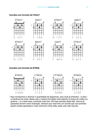 Acordes com formato de F#dim7
Acordes com formato de B7M(9)
* Aqui começamos a diminuir a quantidade de diagramas, pois você já entendeu - é claro -
a mecânica da coisa. Basta usar a mesma formação mais adiante no braço do violão (ou
guitarra...) e a cada casa, aumentar meio tom. Há mais acordes deste tipo, mas os já
passados servem como ilustração. Sempre que você tiver um acorde que usa somente
quatro cordas apertadas e mais nenhuma corda solta, pode usar este recurso.
! Bruno Grunig - Acordes de violão! 40
voltar ao indice
 