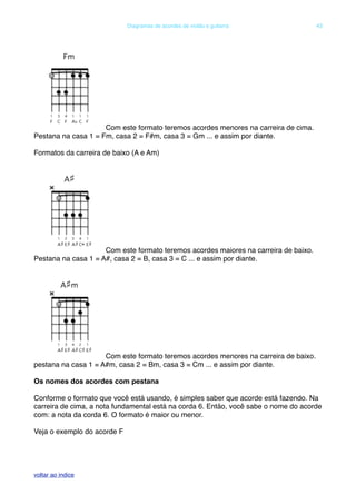 Com este formato teremos acordes menores na carreira de cima.
Pestana na casa 1 = Fm, casa 2 = F#m, casa 3 = Gm ... e assim por diante.
Formatos da carreira de baixo (A e Am)
Com este formato teremos acordes maiores na carreira de baixo.
Pestana na casa 1 = A#, casa 2 = B, casa 3 = C ... e assim por diante.
Com este formato teremos acordes menores na carreira de baixo.
pestana na casa 1 = A#m, casa 2 = Bm, casa 3 = Cm ... e assim por diante.
Os nomes dos acordes com pestana
Conforme o formato que você está usando, é simples saber que acorde está fazendo. Na
carreira de cima, a nota fundamental está na corda 6. Então, você sabe o nome do acorde
com: a nota da corda 6. O formato é maior ou menor.
Veja o exemplo do acorde F
! Diagramas de acordes de violão e guitarra! 43
voltar ao indice
 