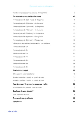Acordes menores da carreira de baixo - formato “A#m” 47
Os acordes em formatos diferentes! 48
Formatos do acorde C (dó maior) - 21 diagramas 48
Formatos do acorde D (ré maior) - 22 diagramas 50
Formatos do acorde E (mi maior) - 35 diagramas 52
Formatos do acorde F (fá maior) - 15 diagramas 54
Formatos do acorde G (sol maior) - 22 diagramas 55
Formatos do acorde A (lá maior) - 29 diagramas 57
Formatos do acorde B (si maior) - 17 diagramas 59
Formatos dos acordes menores sem # ou b 134 diagramas 60
Formatos do acorde Cm 60
Formatos do acorde Dm 61
Formatos do acorde Em 62
Formatos do acorde Fm 64
Formatos do acorde Gm 65
Formatos do acorde Am 66
Formatos do acorde Bm 68
Sustenido e bemol! 69
Diferença entre sustenido e bemol 70
Acordes sustenidos e bemóis na carreira de baixo 71
Acordes sustenidos e bemóis na carreira de cima 72
Acordes nas três primeiras casas do violão! 73
42 acordes nas três primeiras casas do violão 73
Qual acorde vem depois?! 76
Dicas para “tirar” músicas 76
Transporte de tonalidade! 79
Conclusão! 81
! Diagramas de acordes de violão e guitarra! 5
voltar ao indice
 