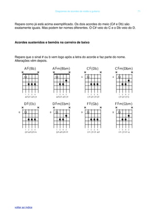 Repare como já está acima exempliﬁcado. Os dois acordes do meio (C# e Db) são
exatamente iguais. Mas podem ter nomes diferentes. O C# veio do C e o Db veio do D.
Acordes sustenidos e bemóis na carreira de baixo
Repare que o sinal # ou b vem logo após a letra do acorde e faz parte do nome.
Alterações vêm depois.
! Diagramas de acordes de violão e guitarra! 71
voltar ao indice
 
