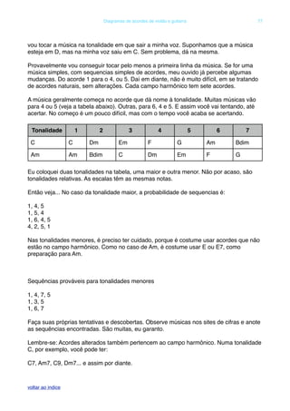 vou tocar a música na tonalidade em que sair a minha voz. Suponhamos que a música
esteja em D, mas na minha voz saiu em C. Sem problema, dá na mesma.
Provavelmente vou conseguir tocar pelo menos a primeira linha da música. Se for uma
música simples, com sequencias simples de acordes, meu ouvido já percebe algumas
mudanças. Do acorde 1 para o 4, ou 5. Daí em diante, não é muito difícil, em se tratando
de acordes naturais, sem alterações. Cada campo harmônico tem sete acordes.
A música geralmente começa no acorde que dá nome à tonalidade. Muitas músicas vão
para 4 ou 5 (veja a tabela abaixo). Outras, para 6, 4 e 5. E assim você vai tentando, até
acertar. No começo é um pouco difícil, mas com o tempo você acaba se acertando.
Tonalidade 1 2 3 4 5 6 7
C C Dm Em F G Am Bdim
Am Am Bdim C Dm Em F G
Eu coloquei duas tonalidades na tabela, uma maior e outra menor. Não por acaso, são
tonalidades relativas. As escalas têm as mesmas notas.
Então veja... No caso da tonalidade maior, a probabilidade de sequencias é:
1, 4, 5
1, 5, 4
1, 6, 4, 5
4, 2, 5, 1
Nas tonalidades menores, é preciso ter cuidado, porque é costume usar acordes que não
estão no campo harmônico. Como no caso de Am, é costume usar E ou E7, como
preparação para Am.
Sequências prováveis para tonalidades menores
1, 4, 7, 5
1, 3, 5
1, 6, 7
Faça suas próprias tentativas e descobertas. Observe músicas nos sites de cifras e anote
as sequências encontradas. São muitas, eu garanto.
Lembre-se: Acordes alterados também pertencem ao campo harmônico. Numa tonalidade
C, por exemplo, você pode ter:
C7, Am7, C9, Dm7... e assim por diante.
! Diagramas de acordes de violão e guitarra! 77
voltar ao indice
 