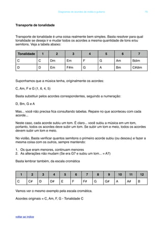 Transporte de tonalidade
Transporte de tonalidade é uma coisa realmente bem simples. Basta resolver para qual
tonalidade se deseja ir e mudar todos os acordes a mesma quantidade de tons e/ou
semitons. Veja a tabela abaixo:
Tonalidade 1 2 3 4 5 6 7
C C Dm Em F G Am Bdim
D D Em F#m G A Bm C#dim
Suponhamos que a música tenha, originalmente os acordes:
C, Am, F e G (1, 6, 4, 5)
Basta substituir pelos acordes correspondentes, seguindo a numeração:
D, Bm, G e A
Mas... você não precisa ﬁca consultando tabelas. Repare no que aconteceu com cada
acorde...
Neste caso, cada acorde subiu um tom. É claro... você subiu a música em um tom,
portanto, todos os acordes deve subir um tom. Se subir um tom e meio, todos os acordes
devem subir um tom e meio.
No violão, Basta veriﬁcar quantos semitons o primeiro acorde subiu (ou desceu) e fazer a
mesma coisa com os outros, sempre mantendo:
1. Os que eram menores, continuam menores
2. As alterações não mudam (Se era G7 e subiu um tom... = A7)
Basta lembrar também, da escala cromática
1 2 3 4 5 6 7 8 9 10 11 12
C C# D D# E F F# G G# A A# B
Vamos ver o mesmo exemplo pela escala cromática.
Acordes originais = C, Am, F, G - Tonalidade C
! Diagramas de acordes de violão e guitarra! 79
voltar ao indice
 