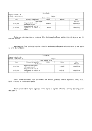 Livro Razão
Empresa Exemplo Ltda.
CNPJ:01.234.567/0001-89                                                       Página 1
                                                             Conta - Caixa
          Data                Histórico da Operação                 Débito                Crédito     Saldo
                                                Saldo Inicial                                        0,00 DV
                          Integralização do capital
       12/05/2005                                                  5.000.00                         5.000,00 DV
                          referente ao sócio 1.
                          Integralização de parte do
       15/05/2005         capital social em dinheiro, do           1.000,00                         6.000,00 DV
                          sócio 2




        Fechamos assim os registros na conta Caixa da integralização do capital, referente a parte que foi
feita em dinheiro.




        Vamos agora, fazer o mesmo registro, referente a integralização da parte em dinheiro, só que agora
na conta Capital Social




                                                            Livro Razão
Empresa Exemplo Ltda.
CNPJ:01.234.567/0001-89                                                      Página 2
                                                        Conta - Capital Social
          Data                Histórico da Operação               Débito                 Crédito      Saldo
                                                Saldo Inicial                                        0,00 CR
                          Integralização do capital
       12/05/2005                                                                        5.000.00   5.000,00 CR
                          referente ao sócio 1.
                          Integralização de parte do
       15/05/2005         capital social em dinheiro, do                                 1.000,00   6.000,00 CR
                          sócio 2




       Dessa forma referente a parte que foi feita em dinheiro, já temos tanto o registro na conta, caixa,
como o registro na conta capital social.




        Porém ainda faltam alguns registros, vamos agora ao registro referente a entrega do computador
pelo sócio 2.
 