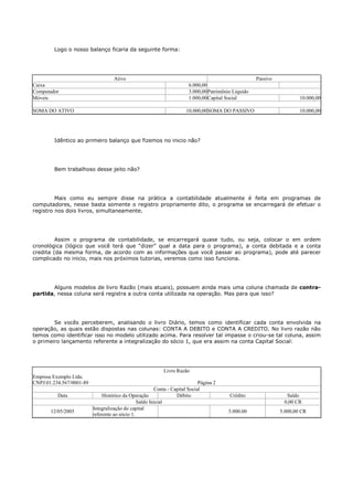 Logo o nosso balanço ficaria da seguinte forma:




                                    Ativo                                                             Passivo
Caixa                                                                   6.000,00
Computador                                                              3.000,00 Patrimônio Liquido
Móveis                                                                  1.000,00 Capital Social                         10.000,00

SOMA DO ATIVO                                                         10.000,00 SOMA DO PASSIVO                         10.000,00




        Idêntico ao primeiro balanço que fizemos no inicio não?




        Bem trabalhoso desse jeito não?




         Mais como eu sempre disse na prática a contabilidade atualmente é feita em programas de
computadores, nesse basta somente o registro propriamente dito, o programa se encarregará de efetuar o
registro nos dois livros, simultaneamente.




         Assim o programa de contabilidade, se encarregará quase tudo, ou seja, colocar o em ordem
cronológica (lógico que você terá que “dizer” qual a data para o programa), a conta debitada e a conta
credita (da mesma forma, de acordo com as informações que você passar ao programa), pode até parecer
complicado no inicio, mais nos próximos tutorias, veremos como isso funciona.




       Alguns modelos de livro Razão (mais atuais), possuem ainda mais uma coluna chamada de contra-
partida, nessa coluna será registra a outra conta utilizada na operação. Mas para que isso?




        Se vocês perceberem, analisando o livro Diário, temos como identificar cada conta envolvida na
operação, as quais estão dispostas nas colunas: CONTA A DEBITO e CONTA A CREDITO. No livro razão não
temos como identificar isso no modelo utilizado acima. Para resolver tal impasse o criou-se tal coluna, assim
o primeiro lançamento referente a integralização do sócio 1, que era assim na conta Capital Social:




                                                            Livro Razão
Empresa Exemplo Ltda.
CNPJ:01.234.567/0001-89                                                      Página 2
                                                        Conta - Capital Social
          Data                 Histórico da Operação              Débito                  Crédito                 Saldo
                                                Saldo Inicial                                                    0,00 CR
                          Integralização do capital
       12/05/2005                                                                        5.000.00               5.000,00 CR
                          referente ao sócio 1.
 